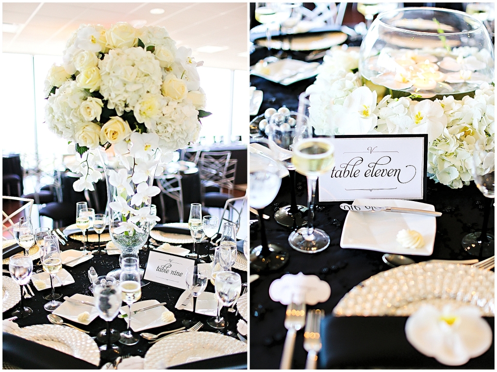 white flowers black linens charger plates