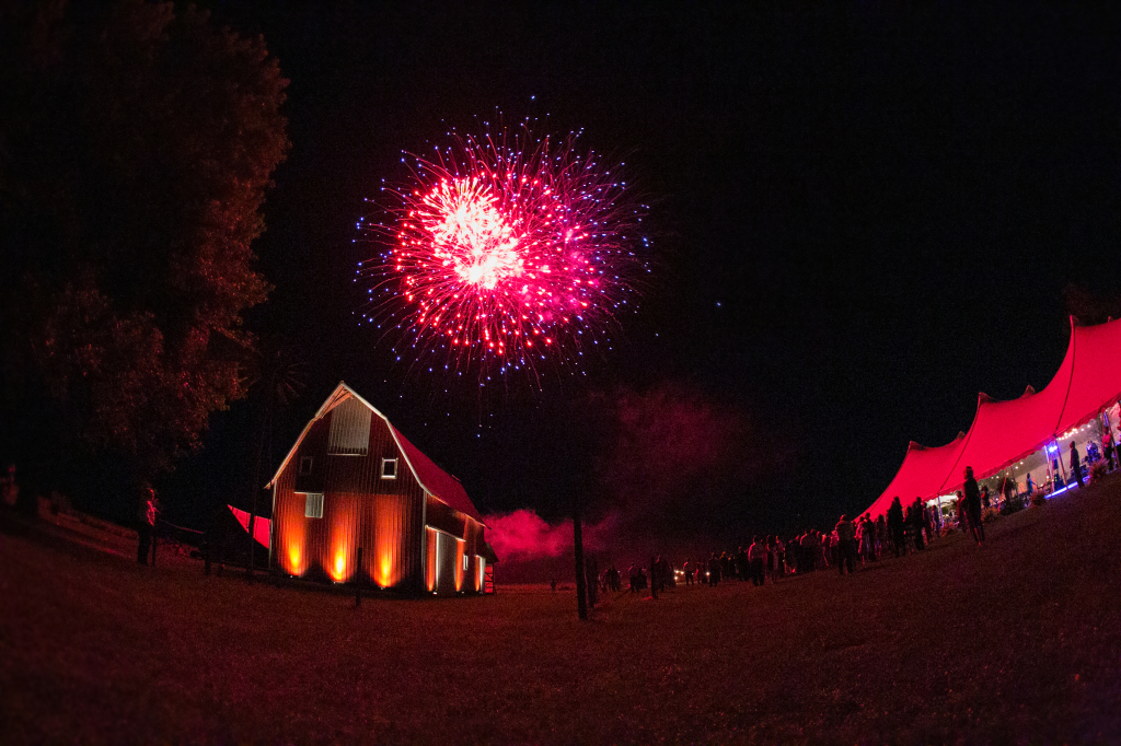 barn wedding fireworks