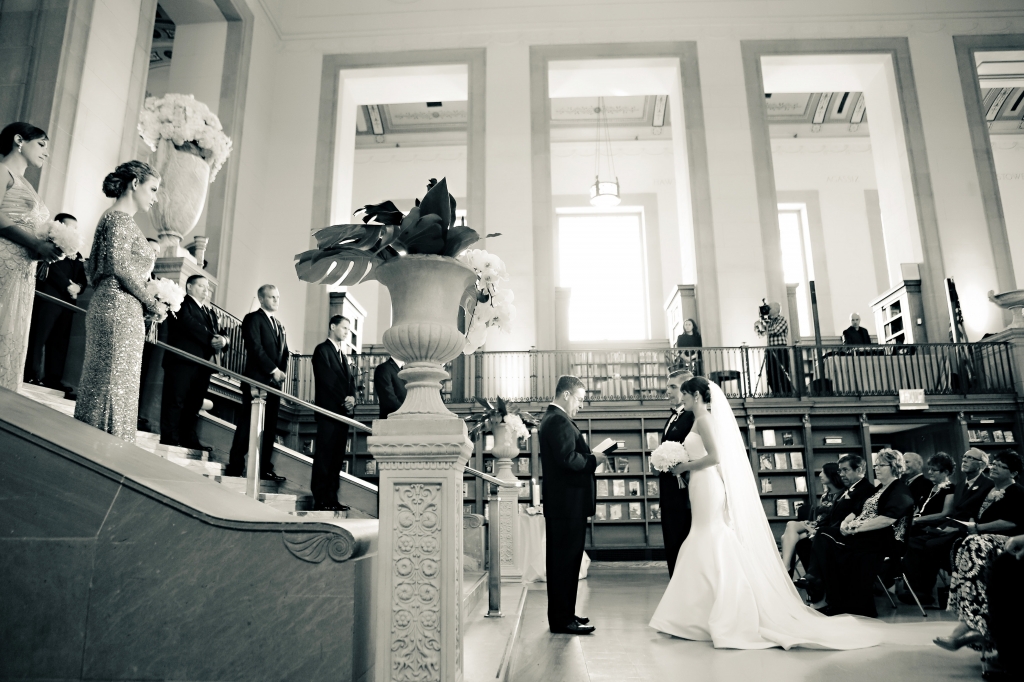 Christine and Ryan Library Ceremony Black and White