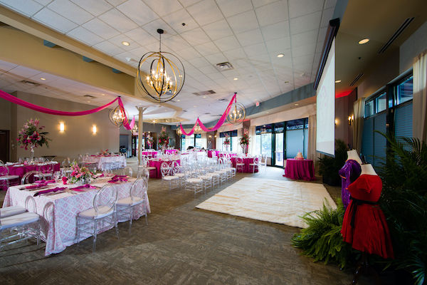 Indianapolis event space decorated for a dance themed Bat Mitzvah with hot pink and white decor
