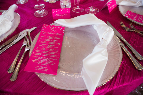 Hot pink crushed linen with a milk glass charger plate, and custom menu card for an Indianapolis Bat Mitzvah