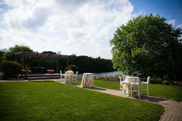 hight top tables with floral linen at Montage event venue in Indianapolis