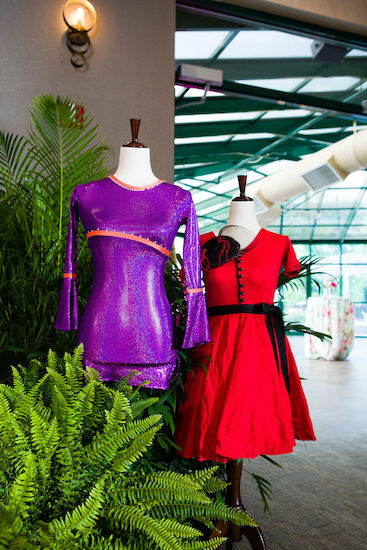 colorful dance costumes displayed at a dance themed Bat Mitzvah in Indianapolis