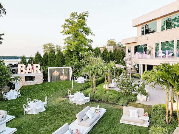 lounge furniture, bars and decor at an elegant Indianapolis white wedding