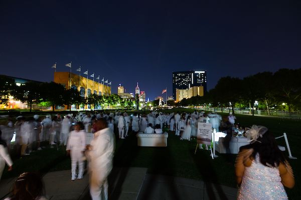 views of downtown Indianapolis from the White Street Bridge during the 2021 Diner en Blanc