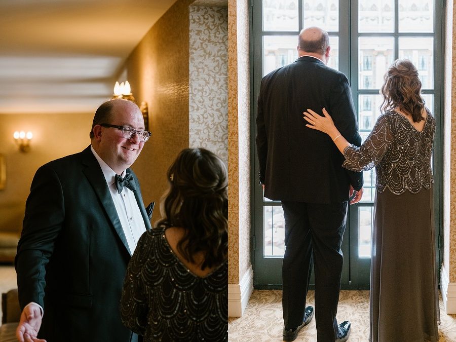 groom's first look and tender moment with his mother