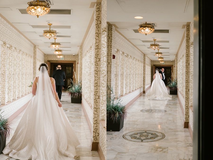 bride and groom's first look at the West Baden Springs Hotel