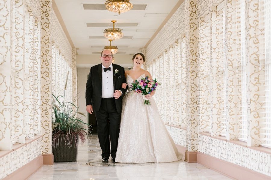 bride and groom after thier first look at the West Baden Springs Hotel