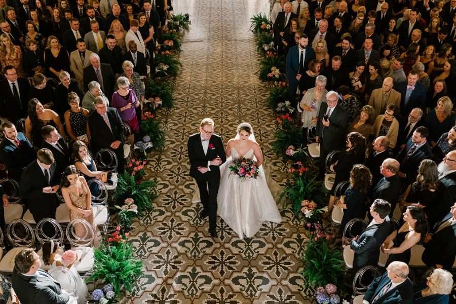 overhead view of a bride walking down the aisle at the West Baden Springs Hotel 