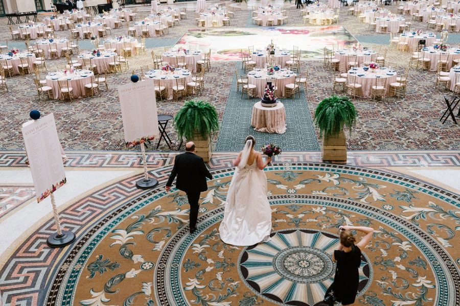 Bride and groom getting a sneak peek at their luxurious West Baden Springs Hotel wedding