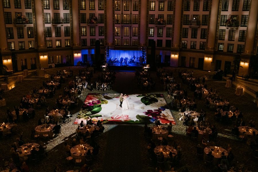 bride and groom's first dance at thier luxurious West Baden wedding reception