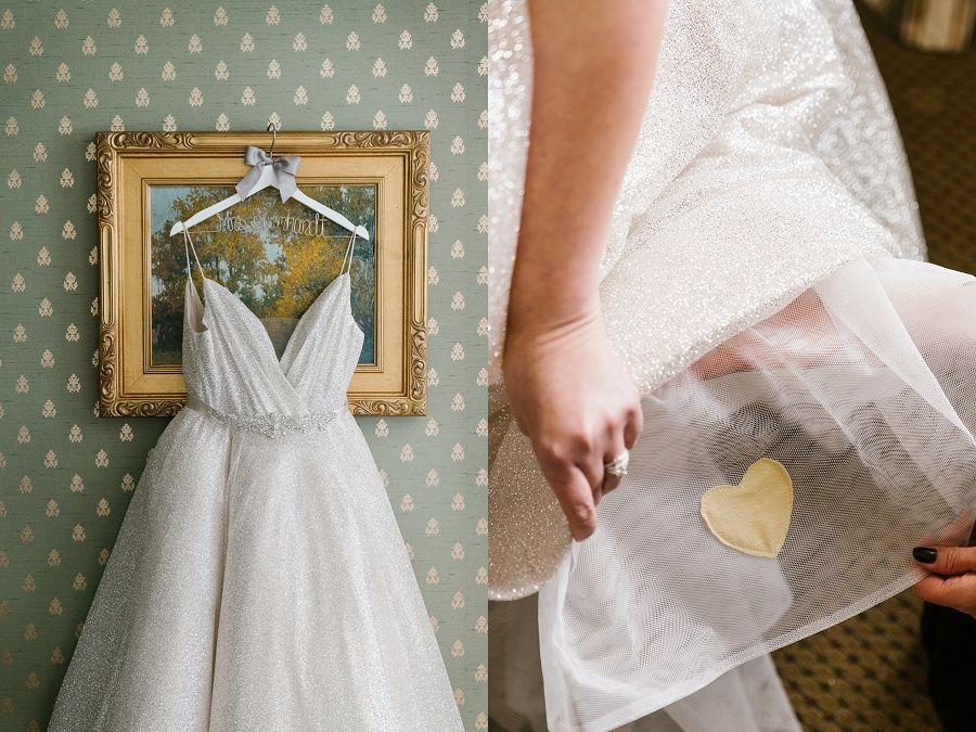 brides wedding gown with a piece of her late fathers clothes sewn into it