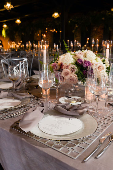 layered tablescape for a luxurious modern wedding reception at Canal 337 in Indianapolis
