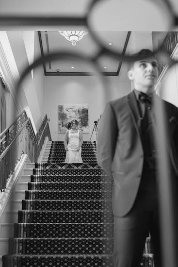 Bride and grooms first lookm at the Conrad Indianapolis