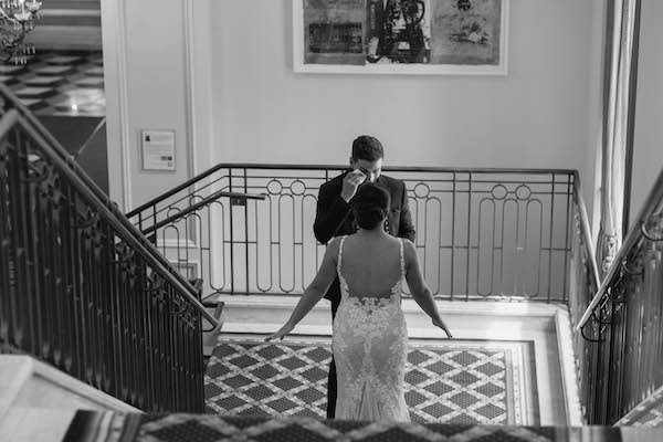 Bride and grooms first lookm at the Conrad Indianapolis