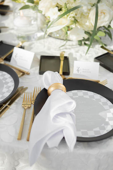 modern black, white and gold wedding reception