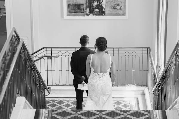 Bride and grooms first lookm at the Conrad Indianapolis