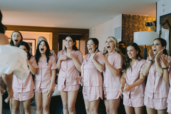 Indianapolis bridal party seeing bride for the first time