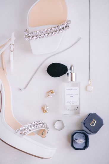 flatly photo of a brides wedding accessories