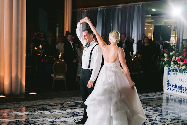 bride and groom's first dance at their Indianapolis Central Library wedding reception