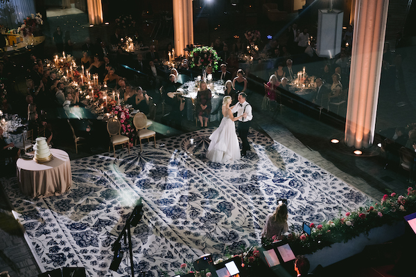 bride and groom's first dance at their Indianapolis Central Library wedding reception