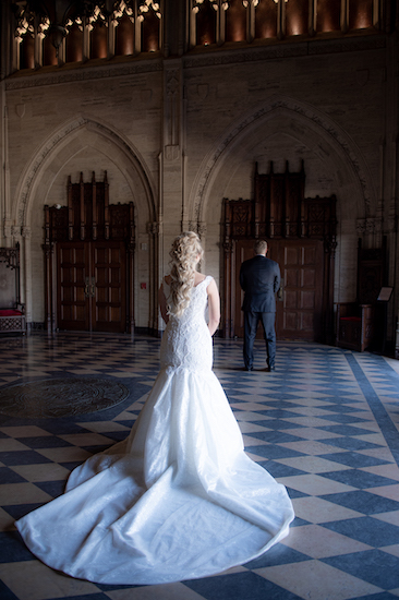 Indianapolis bride and groom's first look before their wedding at the Scottish Rite Cathedral