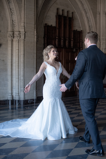 Indianapolis bride and groom's first look before their wedding at the Scottish Rite Cathedral
