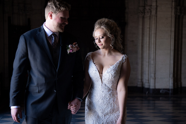 Indianapolis bride and groom's first look before their wedding at the Scottish Rite Cathedral