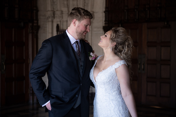 Indianapolis bride and groom's first look before their wedding at the Scottish Rite Cathedral