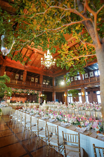 Colorful wedding reception at the Scottish Rite Cathedral in Indianapolis