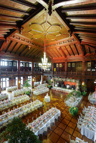 Colorful wedding reception at the Scottish Rite Cathedral in Indianapolis