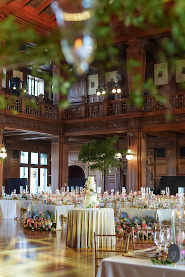 Colorful wedding reception at the Scottish Rite Cathedral in Indianapolis