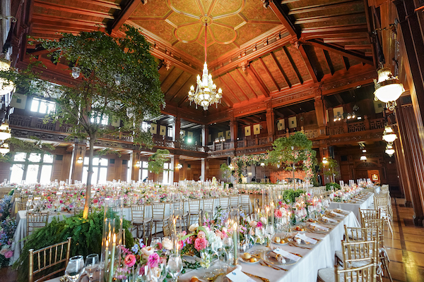 Colorful wedding reception at the Scottish Rite Cathedral in Indianapolis