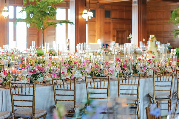 Colorful wedding reception at the Scottish Rite Cathedral in Indianapolis