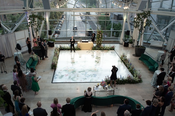 Bride and groom's first dance at their Indianapolis Arts Garden wedding reception