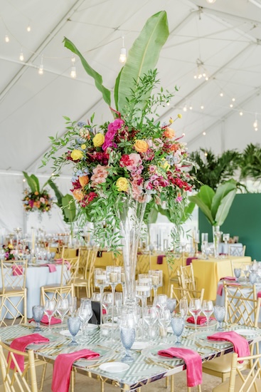 Colorful wedding reception at Coxhall Gardens in Carmel Indiana