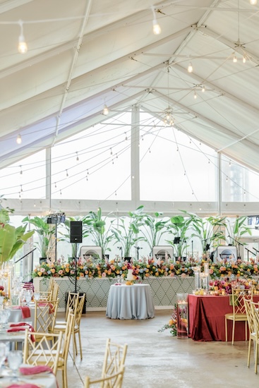 Colorful wedding reception at Coxhall Gardens in Carmel Indiana