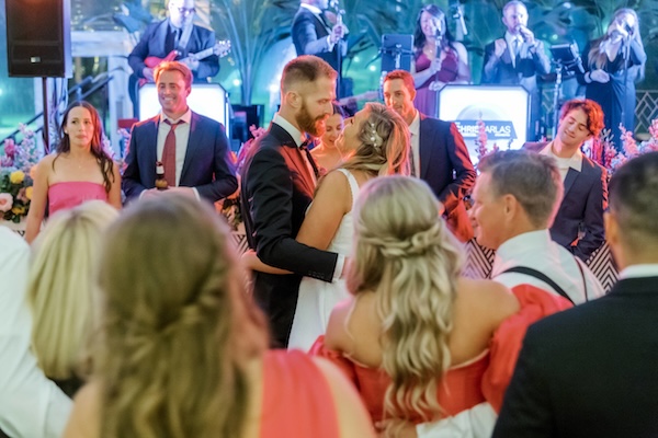 Bride and groom dancing at their Coxhall Gardens wedding reception in Carmel Indiana