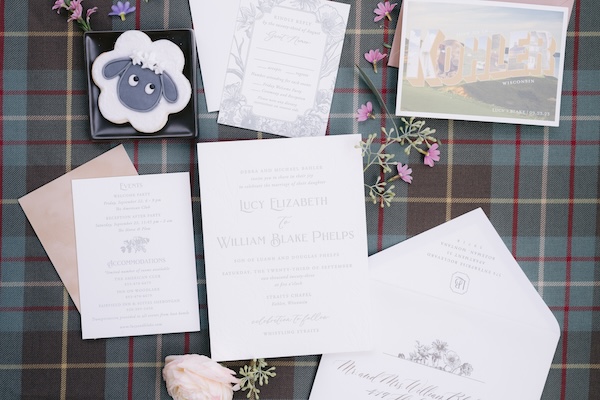 Wedding invitiation and custom details for a wisconsin destination wedding