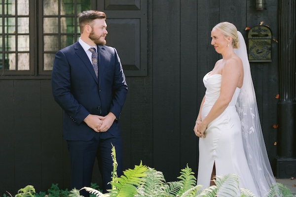 Bride and groom's first look at their Wisconsin destination wedding at the Kohler Resort.