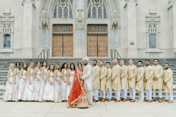 Indianapolis couple with thier wedding poarty after thier Hindu wedding ceremony.