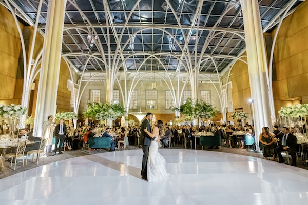 Bride and groom's first dance at their Indianapolis Central Library wedding reception.