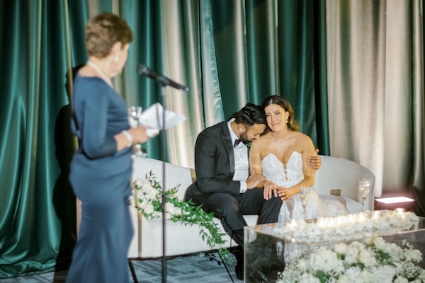 The bride's mother making a heartfelt toast at an Indianapolis wedding reception at the Central Library.