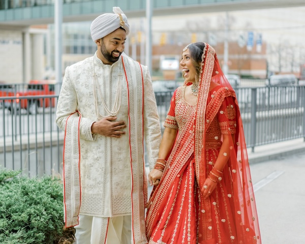 Bride and groom's first lookmbeofre thier Indianapolis Hindu wedding ceremony.