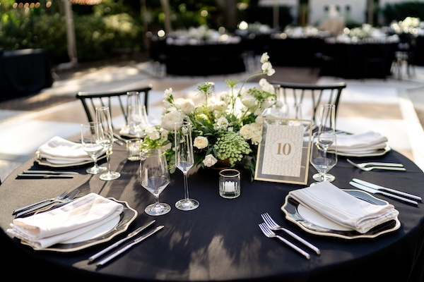 Black and white wedding reception in Charleston