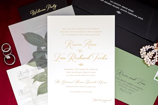 Wedding invitation suite for a charming southern wedding in Charleston South Carolina