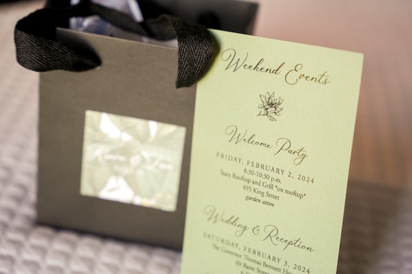 Welcome bag and itinerary for a Charleston Soputh Carlolina destination wedding weekend