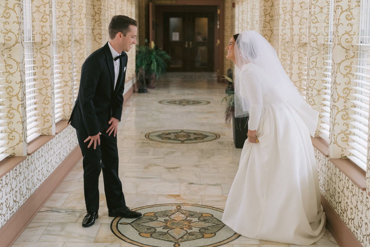 first look photos for wedding West Baden Springs Resort